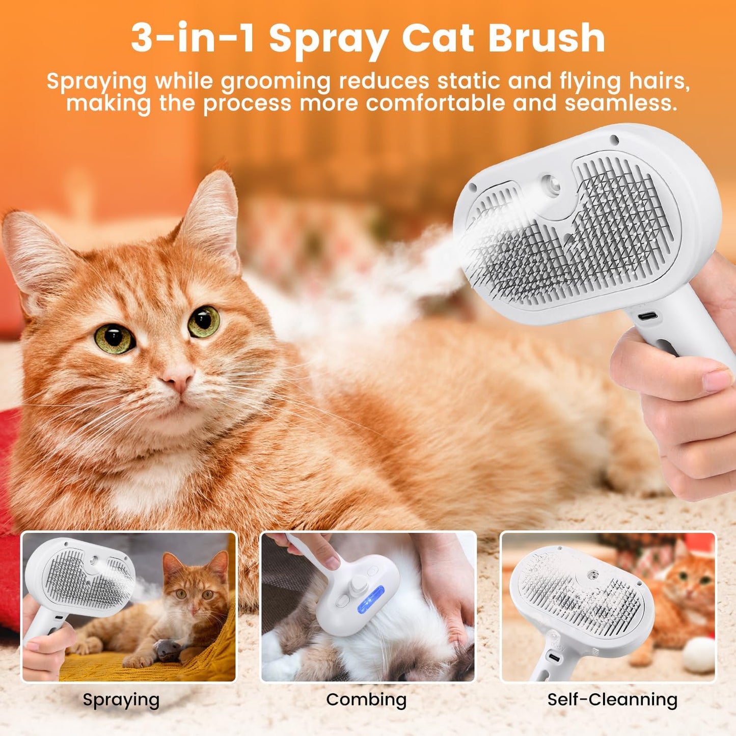 3-in-1 Cat Steam Brush – Shedding & Grooming Tool (White)