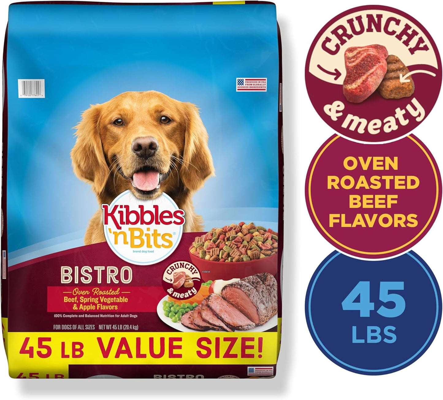 Kibbles 'n Bits Bistro Beef & Veggie Flavored Dry Dog Food, 45 lb